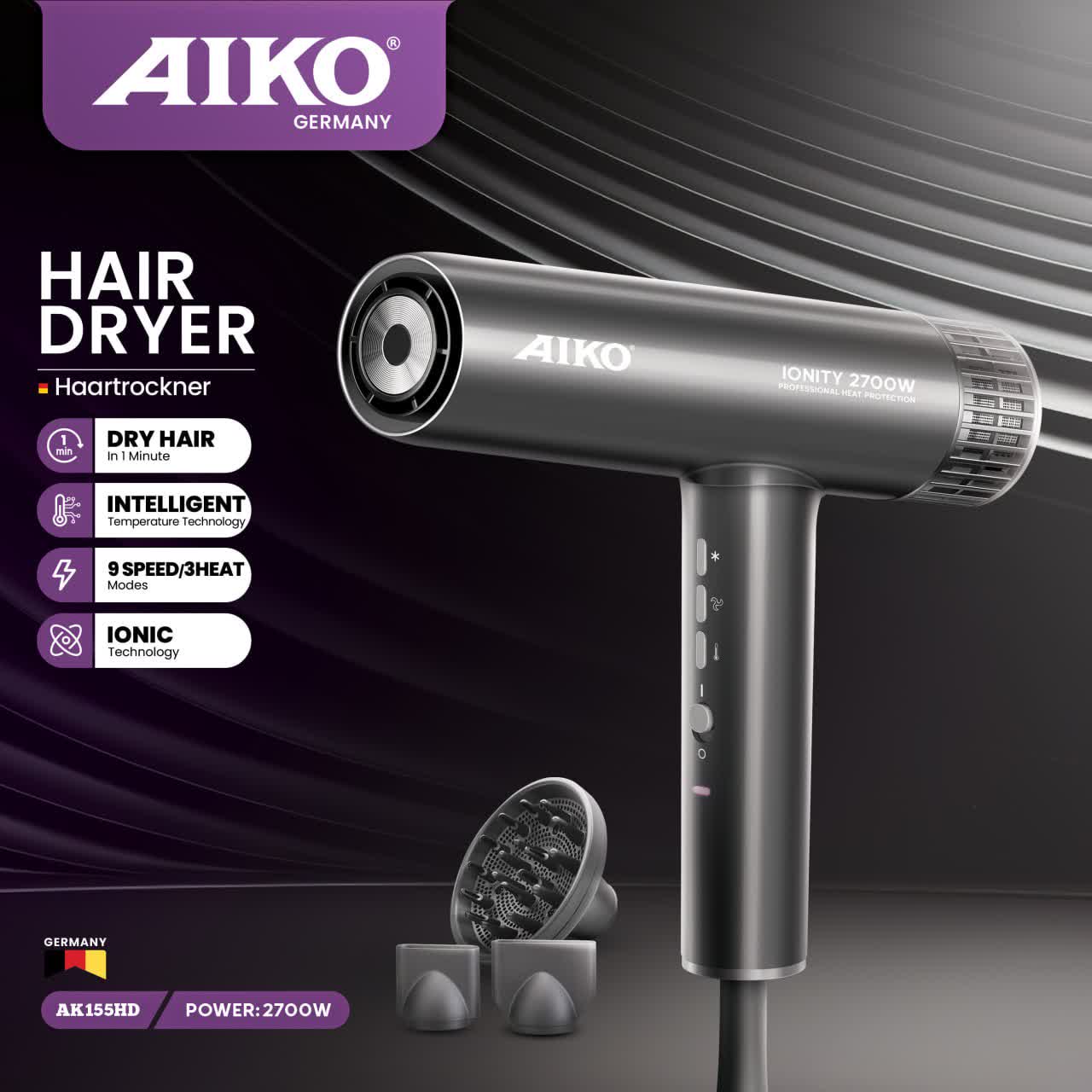 سشوار حرفه‌ای آیکو مدل AK155HD توان ۲۷۰۰ وات