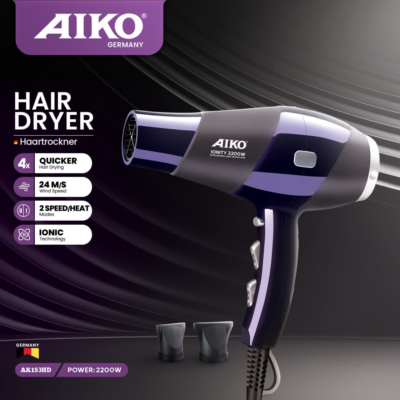 سشوار حرفه‌ای آیکو مدل AK153HD توان ۲۲۰۰ وات