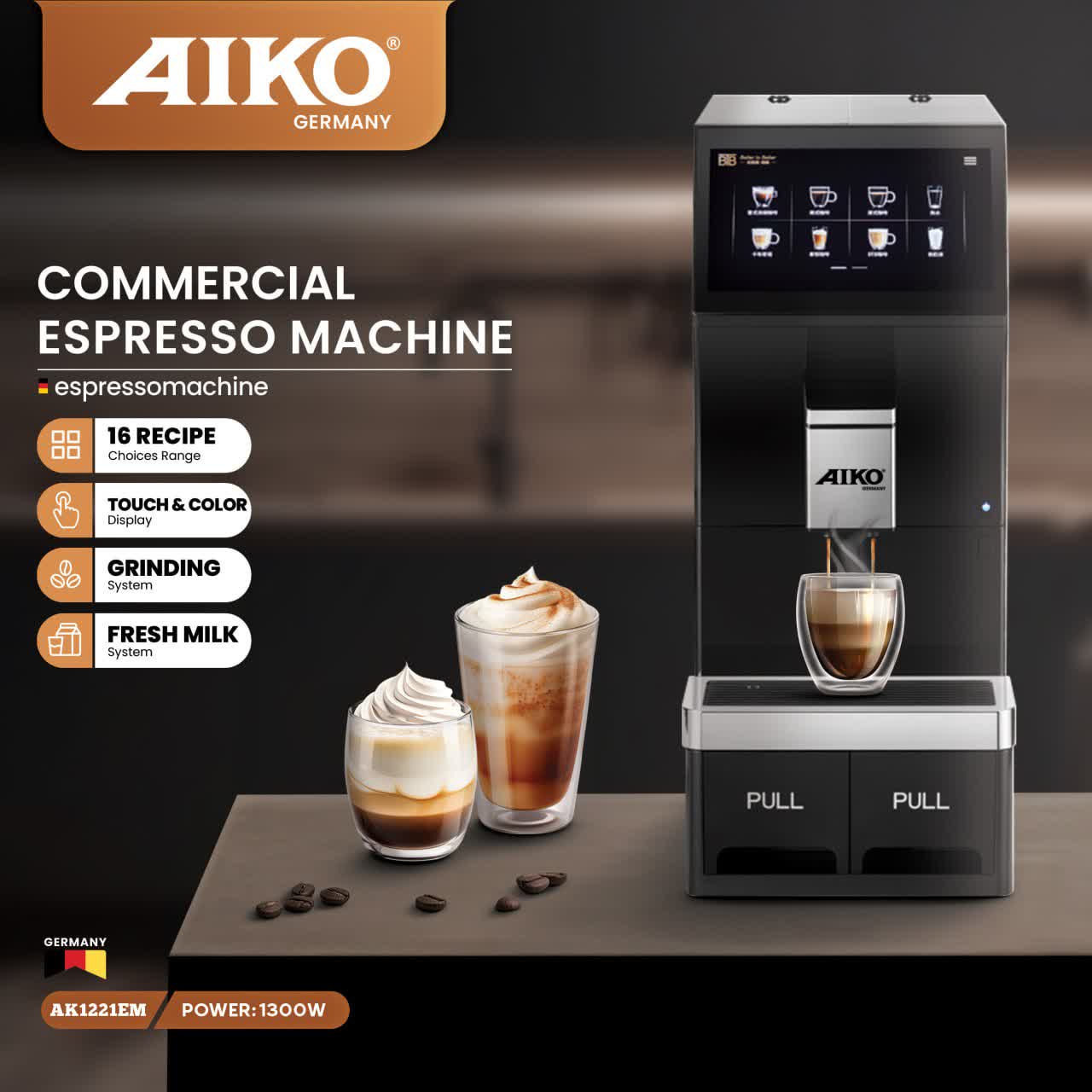 اسپرسوساز آیکو مدل AK1221EM با آسیاب قهوه و ۱۶ برنامه نوشیدنی